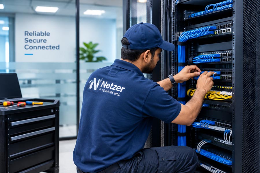 Netzer IT engineers installing network cabling in Bahrain